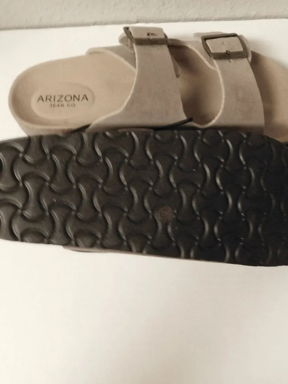 ARIZONA JEAN CO Taupe Double Buckle Slide Sandals Faux Suede Beachy Casual 7